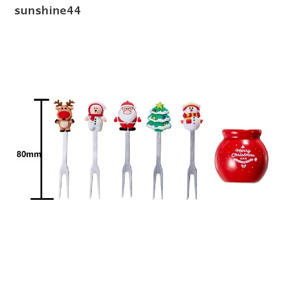 Sunshine 5Pcs / Set Garpu Buah / Sayuran / Salad Bentuk Santa Claus Bahan Stainless Steel