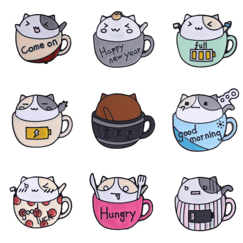 Lily Coffee Cup Cat Pin Wanita Anak Hadiah Tas Ransel Pakaian Lencana Pin