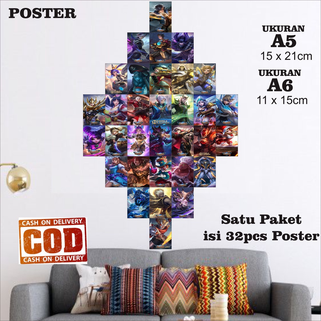 DEKORASI KAMAR POSTER DINDING AESTHETIC TEMA MOBA MOBILE LEGENDS isi 32pcs GAMBAR POSTER AESTHETIC D
