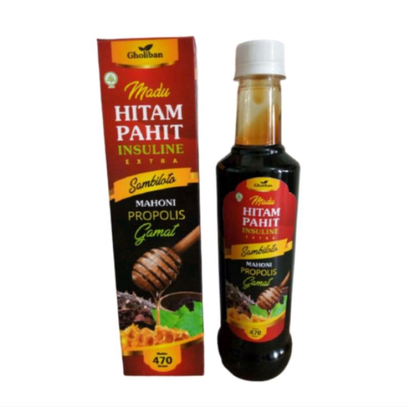 

Madu Hitam Pahit Insulin Extra Sambiloto Mahoni Propolis Gamat Gholiban