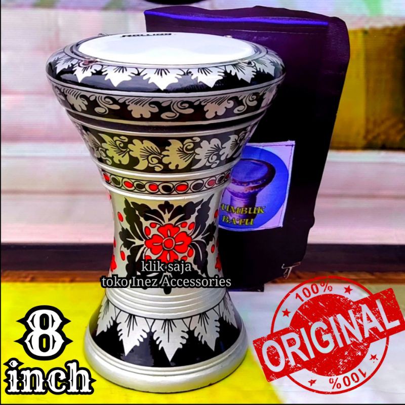 Tumbuk Hadroh Atau Darbuka Kayu 8 inch Silver Hitam Rolling Putih