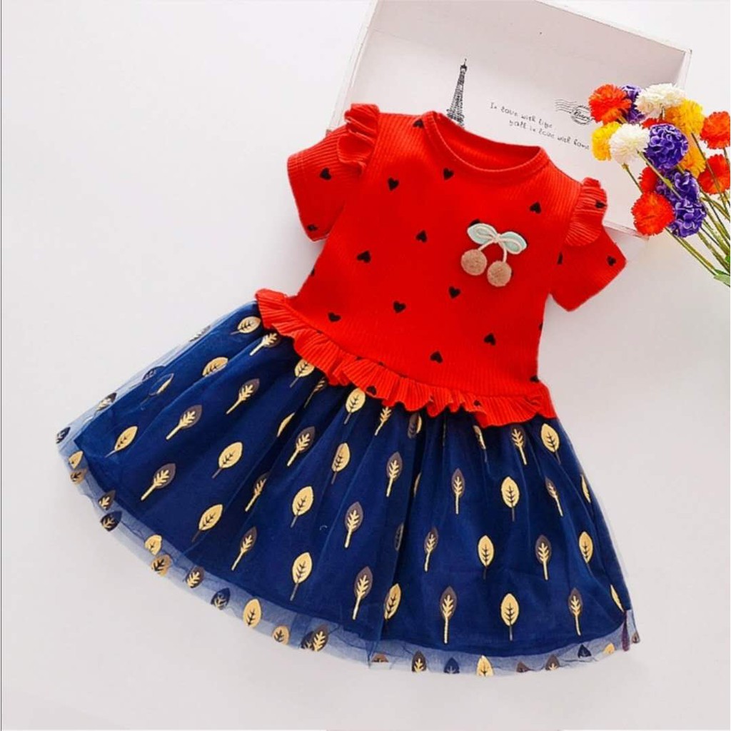KF Cat Dress tutu anak gaun pesta Dress Tile Anak Imut Motif Love daun bahan Katun Kasa umur 1-2thn Import-Merah