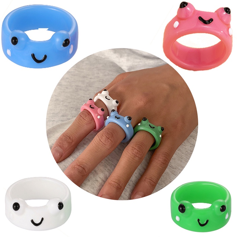 【COD】Cincin Bentuk Kartun Kodok Bahan Resin Warna-Warni Untuk Wanita