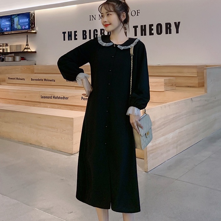 yikoo-Gaun panjang dress kerah boneka hitam gaya korea wanita dres