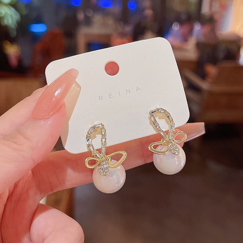 Anting Stud Desain Pita Aksen Mutiara Berlian Imitasi Bahan 925 silver needle