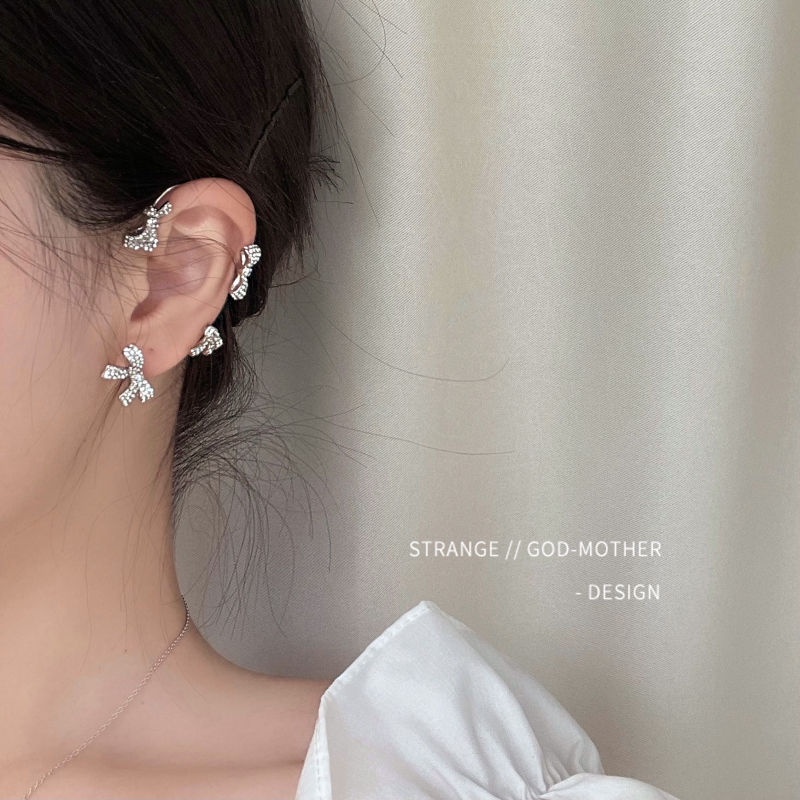 Simple Bow Ear Clip Diamond Shiny Metal Women Silver Earrings Fashion Jewelry Accessories Gifts