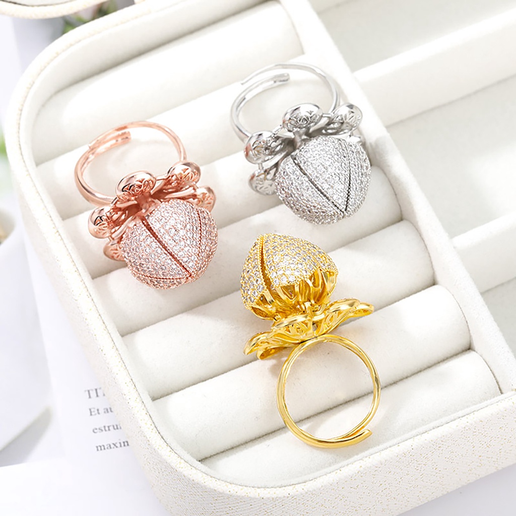 Hu Hu Hu Hu Hu Alat Bantu Pasang Kacamata♡ Cincin Model Terbuka Desain Bunga Hollow Hias Zircon Untuk Wanita