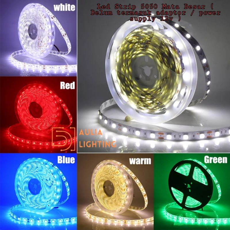 Lampu LED strip 4040 IP44 Mata Besar 5m 12V Putih Kuning WarmWhite Merah Hijau Biru Pink 5050 HIAS TEMPEL TAPE