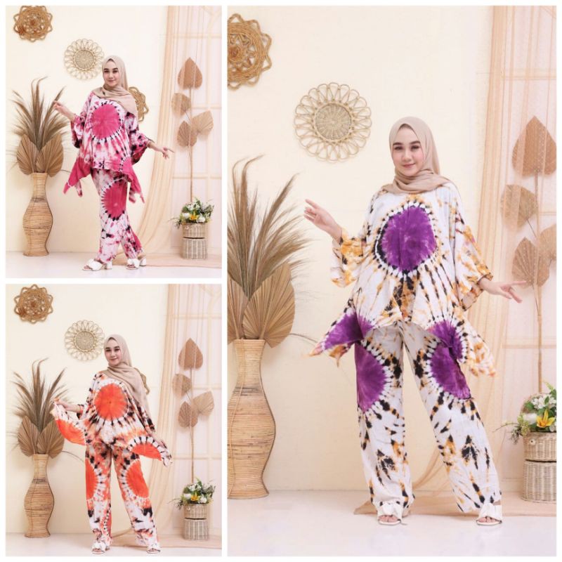 ONE SET BATWING SHIBORIE 2 in 1 (BLOUSE + CELANA ) / SETELAN RAYON WANITA KEKINIAN