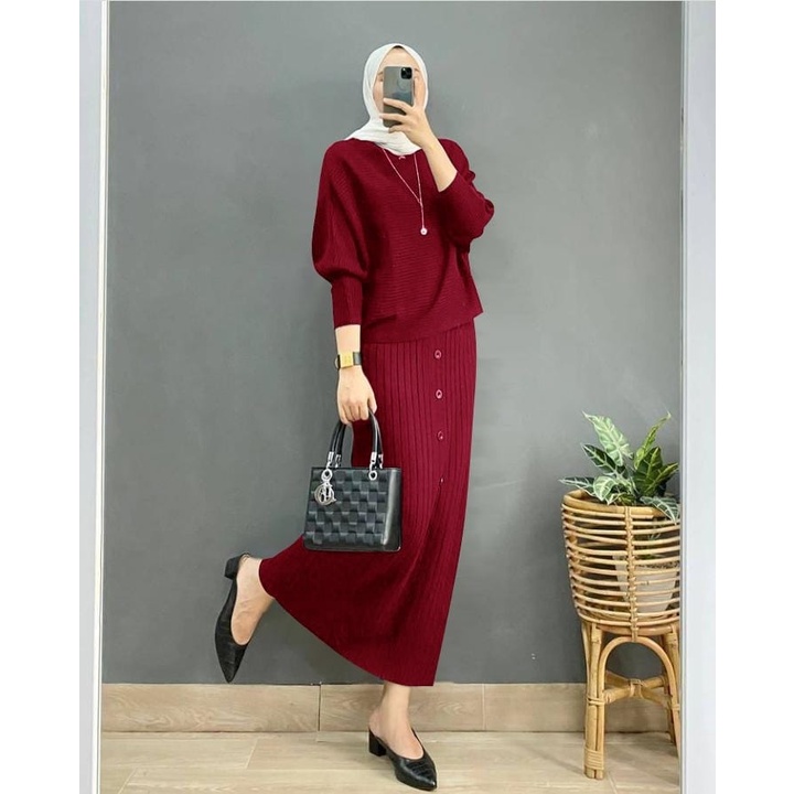 100% REAL PIC!! SET ANYA KNIT JUMBO XL-5XL ONE SET RAJUT WANITA SETELAN BLOUSE KNIT MUSLIM 13 WARNA-1