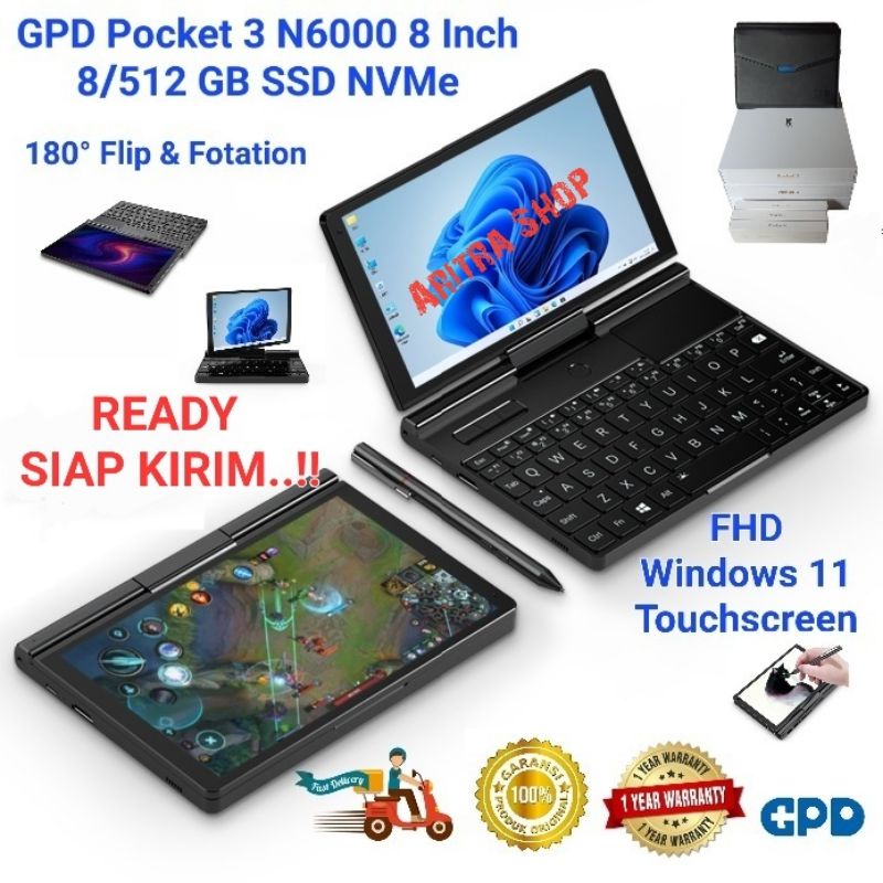 Laptop Mini GPD Pocket 3 N6000 8&quot; 8/512GB SSD FHD Windows 11