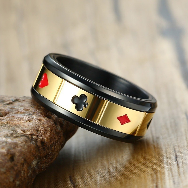 Cincin desain poker stainless steel bermata emas dan hitam yang dapat diputar Perhiasan fashion pria dan wanita