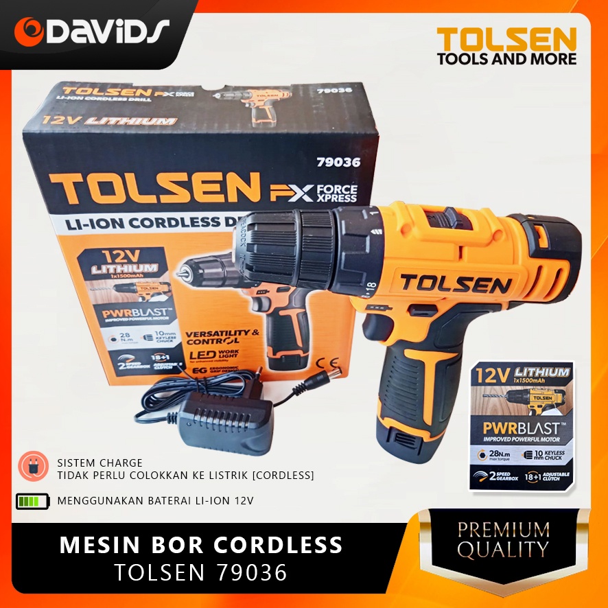 Mesin Bor Baterai Cordless Ces Charger Tanpa Kabel Cas 12V Tolsen 79036