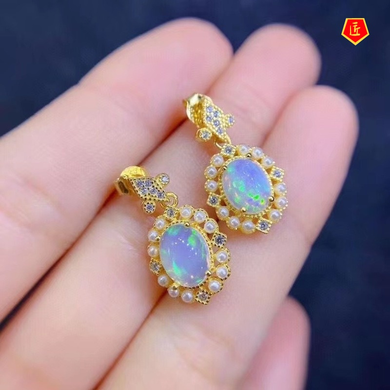 [Ready Stock]Natural Opal Ring Luxury Colored Gems Necklace and Earring Suit