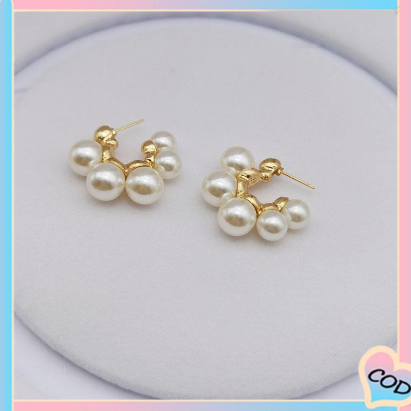 COD❤️ Retro Desain Ceruk Mutiara Besar Berbentuk C Rasa Anting Temperamen Tidak Teratur-A.one