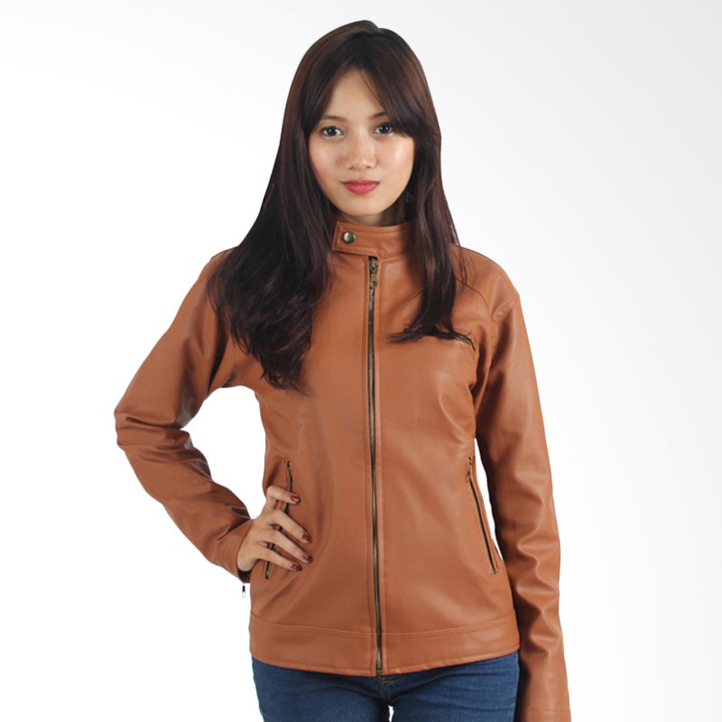 Jaket Kulit Sintetis Wanita Semi Kulit Faux Leather Jacket Warna Coklat Brown Perempuan Cewek Ladies