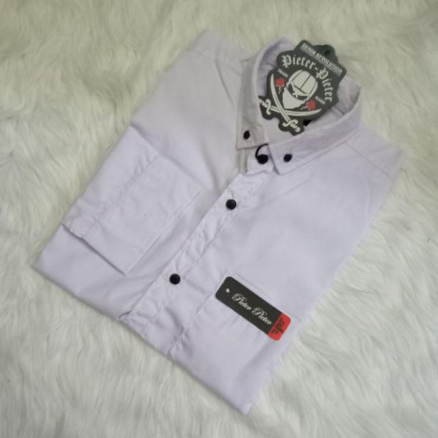 kemeja cowok polos lengan panjang slimfit hem pria kantor hitam navy putih maron army-Kemeja Panjang Putih