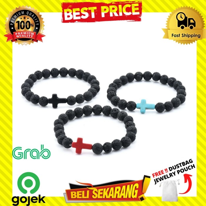 GELANG BATU LAVA STONE TURQUOISE CROSS PRIA WANITA SALIB PREMIUM G296