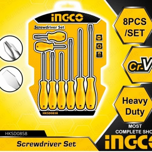 INGCO Obeng Set 8 Pcs Bahan CRV Magnetic Screwdriver Set Gagang Fiber