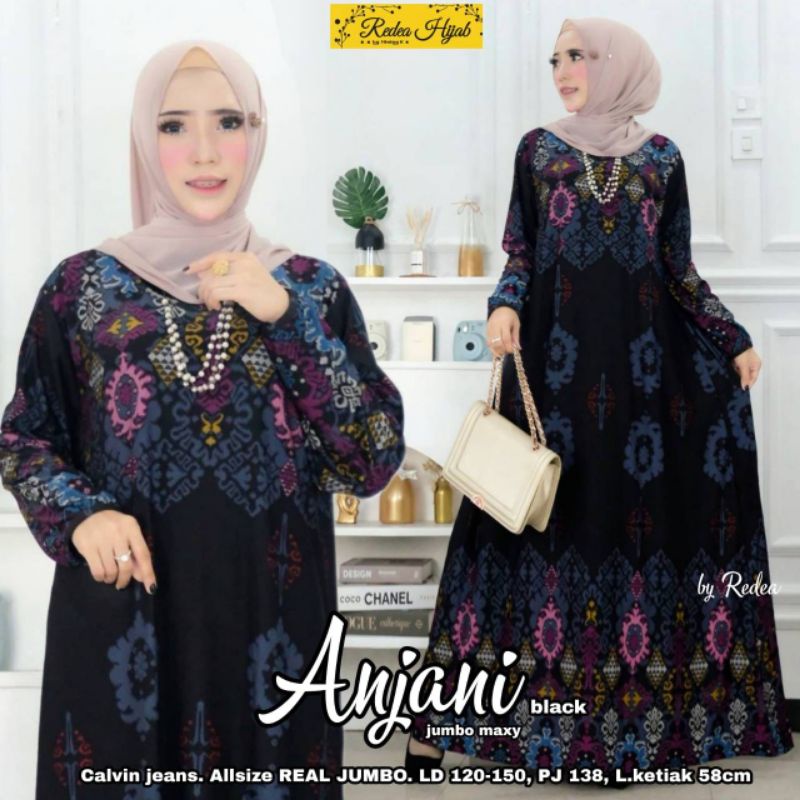 Anjani Jumbo Gamis Dress Super Big Size Bahan Calvin Jeans LD 120 cm Melar Sampai 150 cm Motif Batik