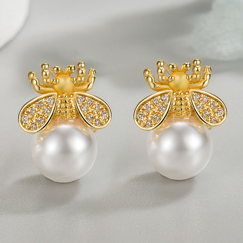 Anting Stud Desain Hewan Lebah Aksen Mutiara Kristal Kubik Zirkonia Untuk Wanita