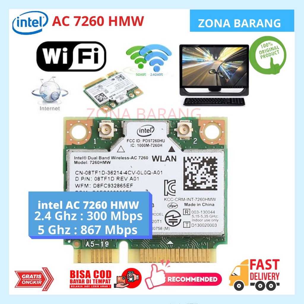 Wifi Card Wireless Intel AC 7260 HMW Bluetooth HALF MINI PCIE 1200 Mbps Dual Band  2.4Ghz / 5Ghz