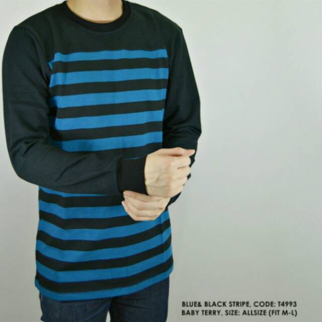 SWEATER SWITER GARIS SALUR BIRU HITAM KOMBINASI POLOS COWOK PRIA