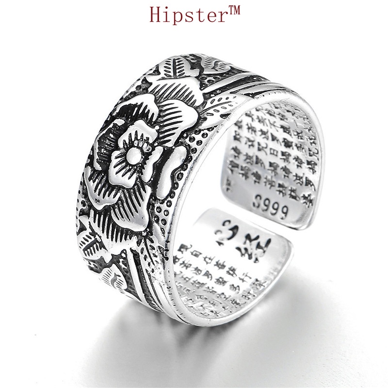 Popular Ethnic Style Features Carved Lotus Hannya Shingyo Ring