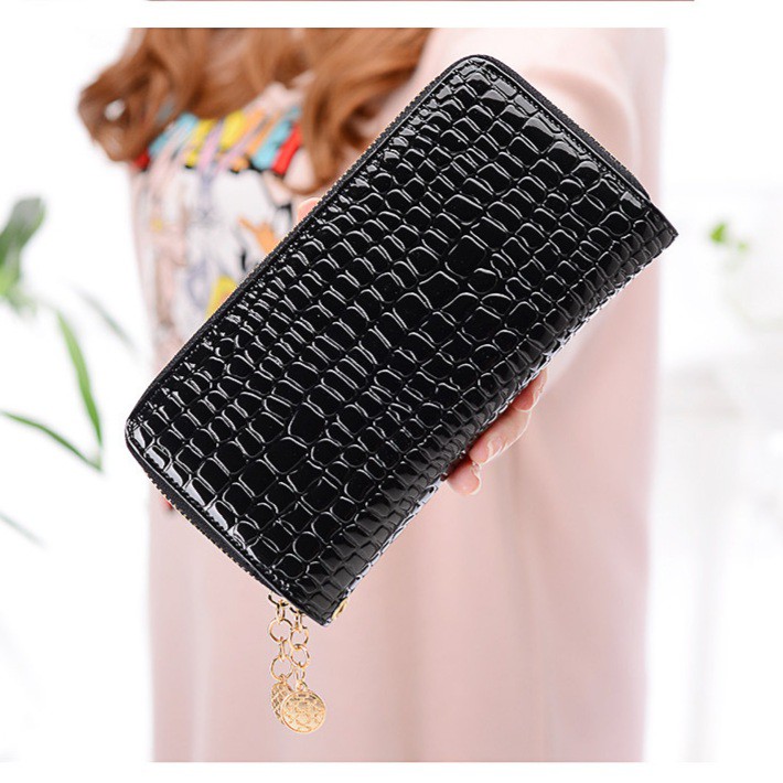 DOMPET WANITA 2 RESLETING IMPORT KULIT CROCO GLOSSY PANJANG HITAM KOREA MURAH PESTA BAILEY WA149B5