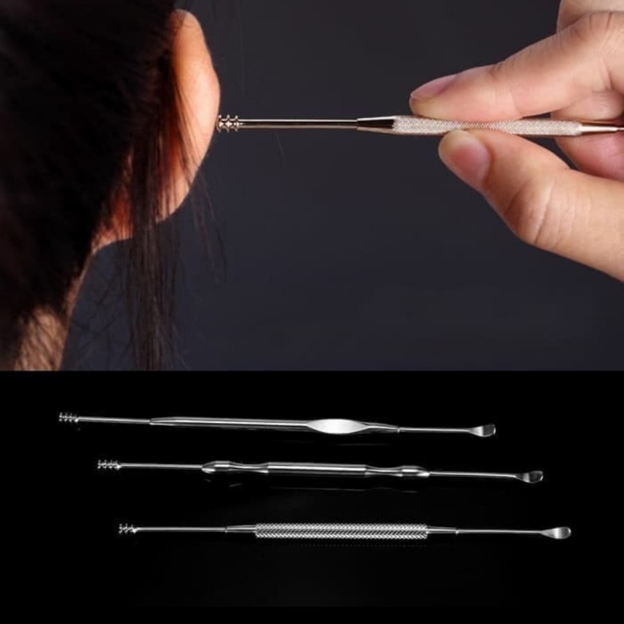 Korek kuping stainless 3 in 1 spiral 2 sisi ujung mata serbaguna pembersih telinga / ear cleaner set