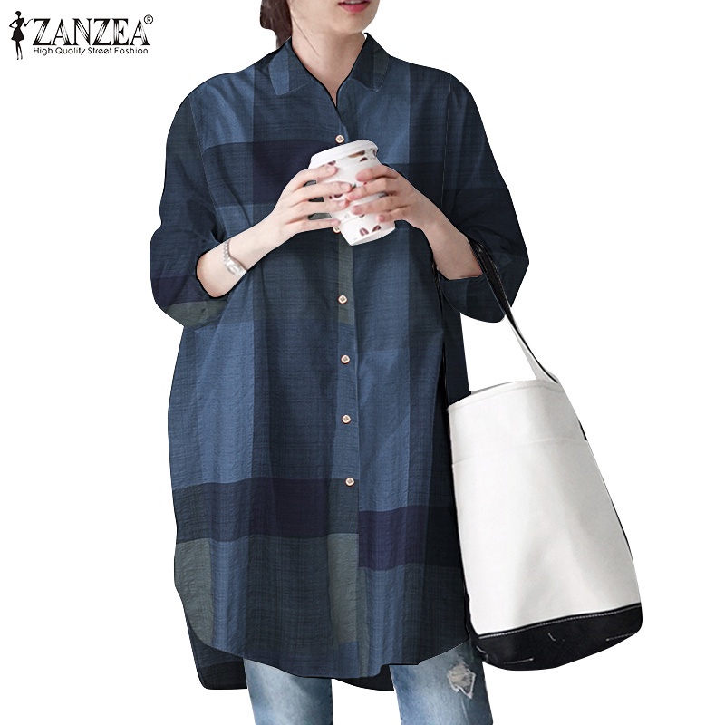 ZANZEA Women's Retro Casual Full Sleeve Plaid Printed Button Lapel Blouse