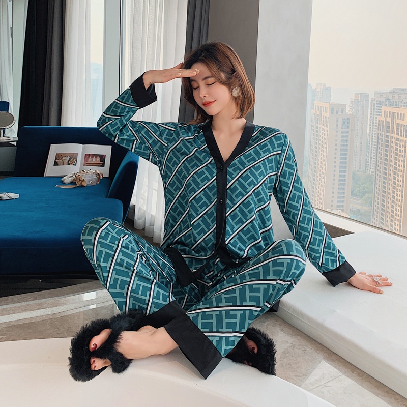 【New】FRS Home Sutra Piyama Wanita Musim Panas Baru Lengan Panjang Cardigan Retro Suit Musim Semi dan