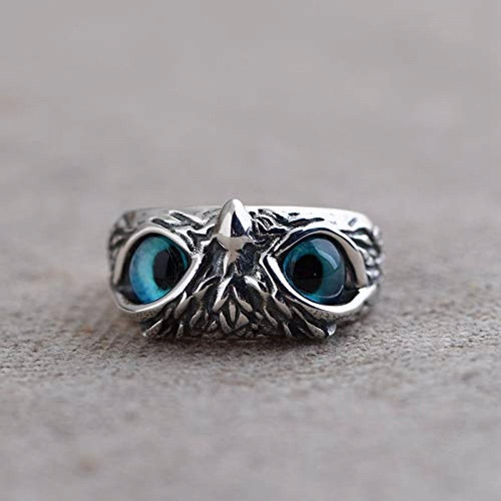 [Elegan] Cincin Burung Hantu Punk Keren Mata Biru Paduan Lebar Gadis Gaya Korea Ring