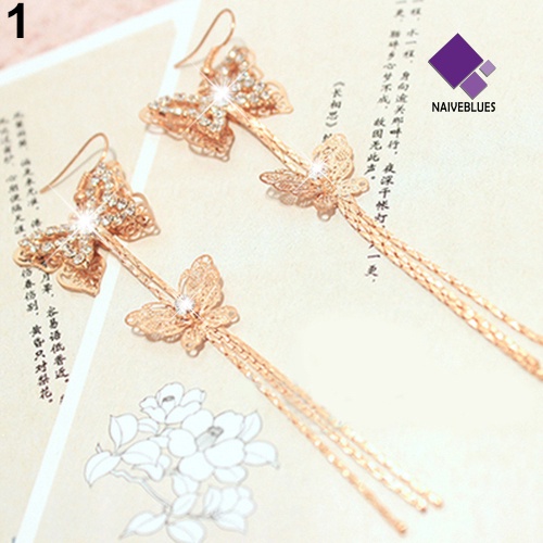 Anting Kait Panjang Double Layer Bentuk Butterfly Aksen Berlian Imitasi Untuk Wanita