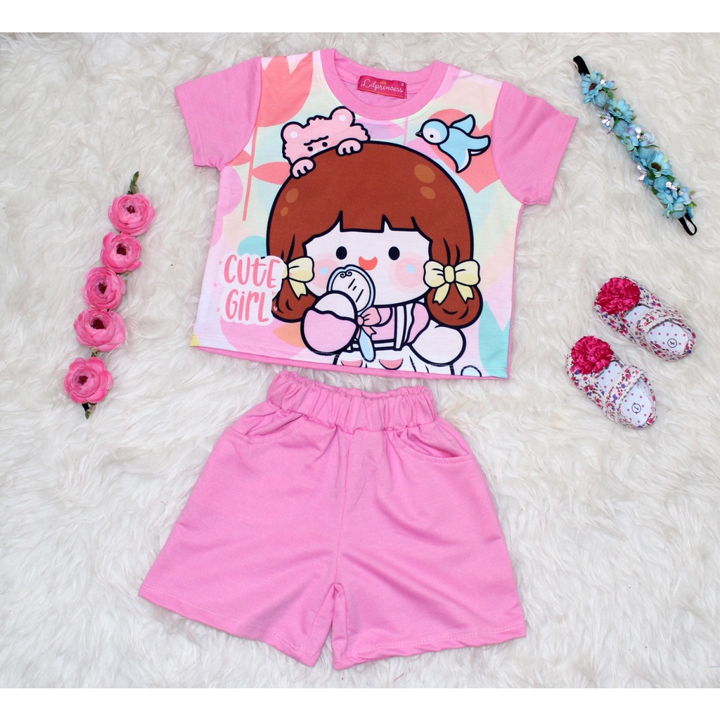 Set Bon Girl/Pakaian Anak Bayi Santai/Baju Anak Motif Karakter / Setelan Baju Dan Celana pendek
