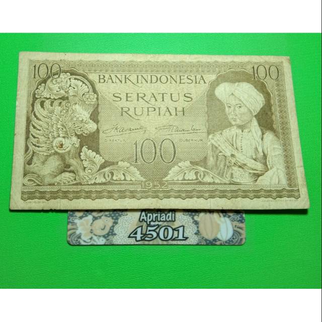 UK163 UANG KUNO ASLI 100 RUPIAH SERI KEBUDAYAAN TAHUN 1952 KOLEKSI UANG LAMA KERTAS INDONESIA #VF