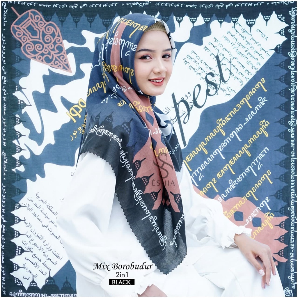 (PART 1) Series Hijab Motif Voal / Segiempat Motif Voal Premium Exclusive-BOROBUDUR BLACK