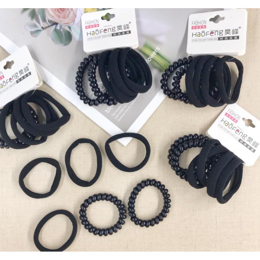 Karet Ikat Rambut Hitam Kombinasi Spiral Kuciran Set Hitam Premium isi 6Pcs
