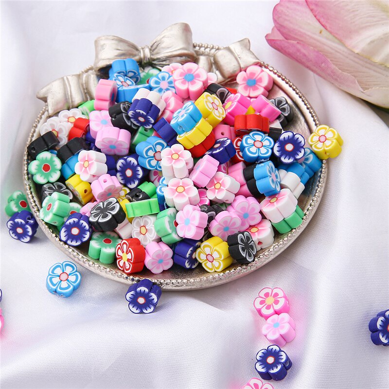 30pcs Manik-Manik Spacer Polymer Clay Motif Print Bunga Warna Campur 10mm Untuk Membuat Perhiasan