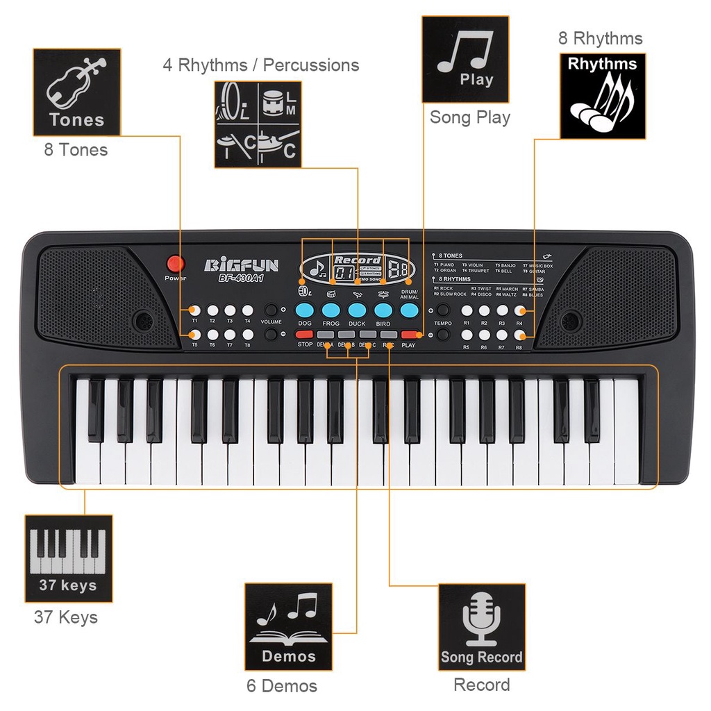 Keyboard Piano Elektronik Digital Warna Hitam Dengan Mikrofon 37 Kunci
