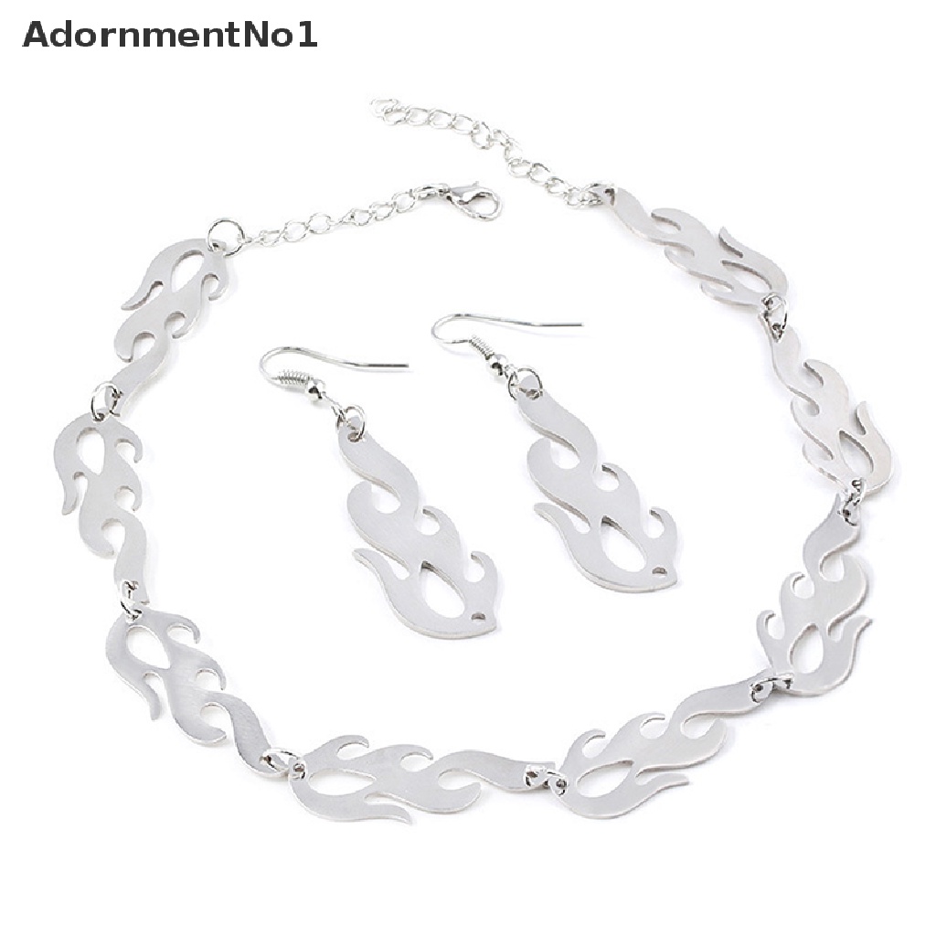 (AdornmentNo1) Kalung Choker + Gelang Tangan Rantai Metal Gaya Punk Hip Hop Motif Api Untuk Perhiasan Wanita