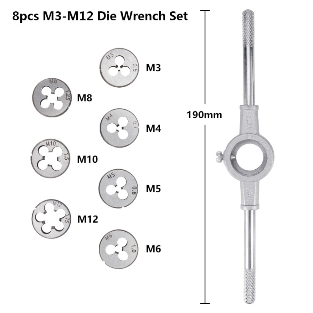 Set Tap Die Alat Metrik Terlaris Alat Pembuat Drat Metric Hand Tap Set M3-M12 Adjustable 8Pcs