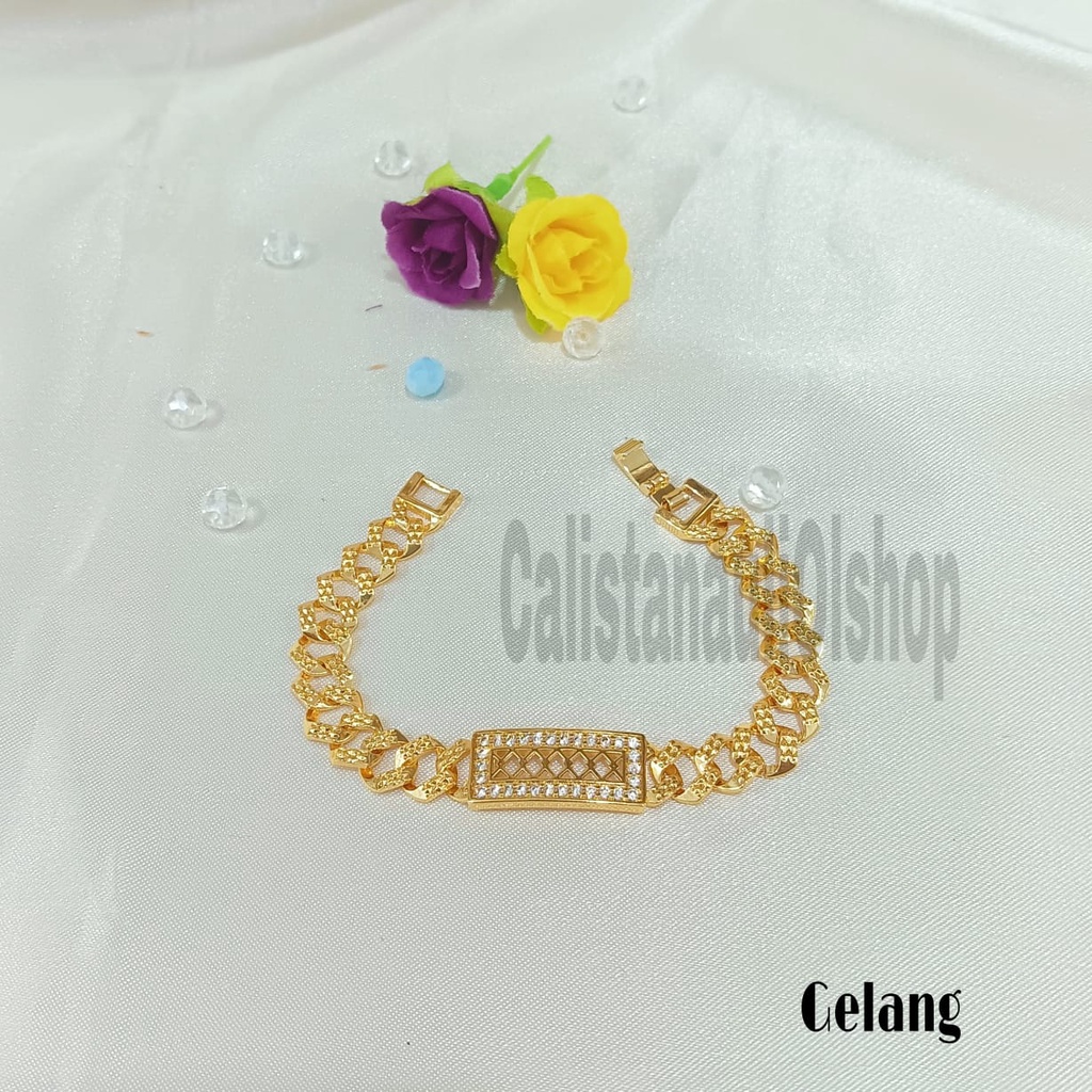 GELANG+CINCIN SISIK PLAT MATA TIGA OVAL TRIO PERHIASAN EMAS  KOREA ANTI KARAT DAN ANTI LUNTUR