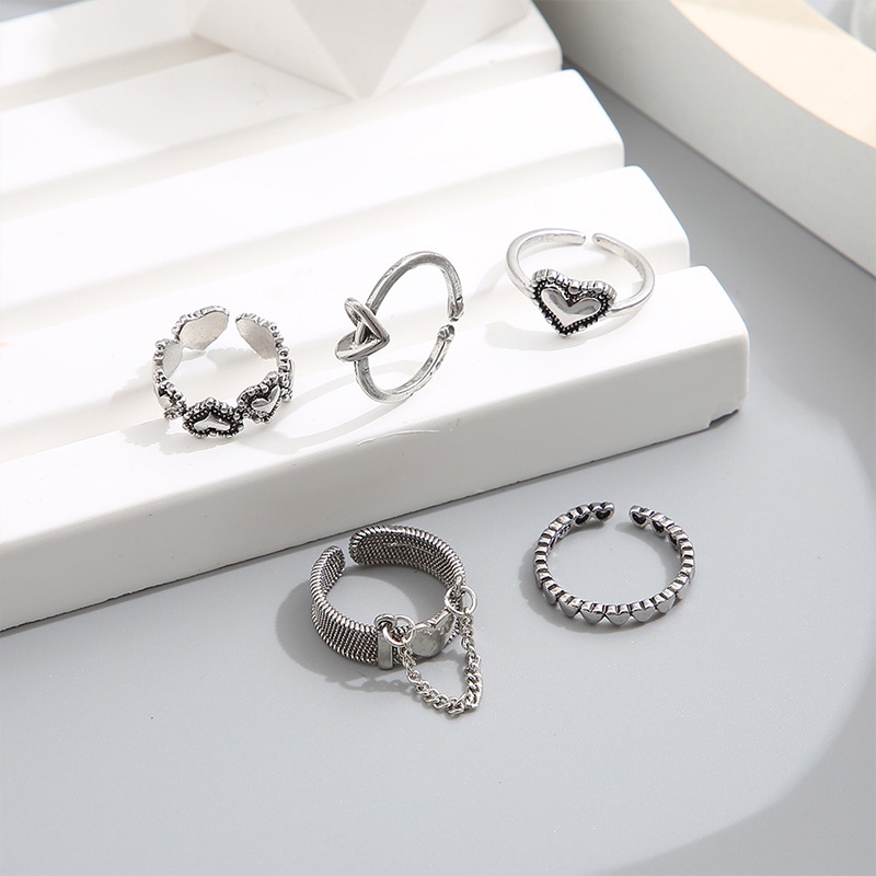 5pcs / Set Cincin Jari Telunjuk Model Terbuka Desain Hati Hollow Gaya Retro-Won