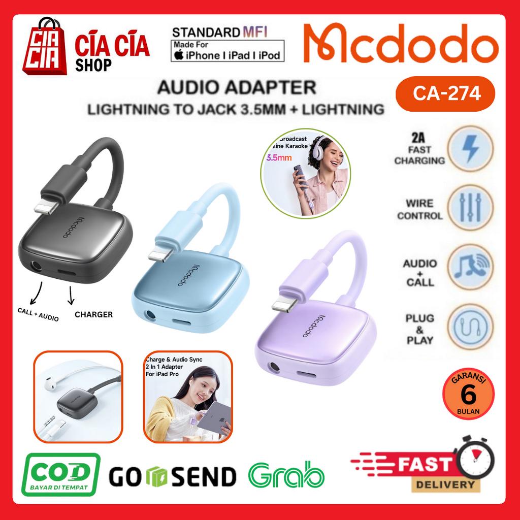 MCDODO CA-274 Converter Splitter iPhone To Aux Jack 3.5mm + Lightning Adapter Lightning To Aux Call