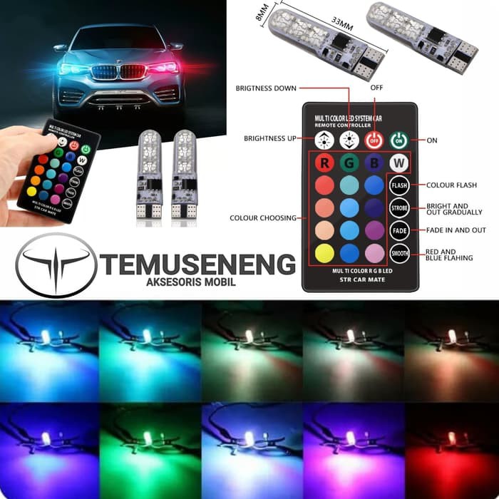 2Pcs T10 Remot Lampu Mobil Motor Led Rgb Dengan 6 Mata Jelly Smd 16 Warna Senja Kota Kabut Murah