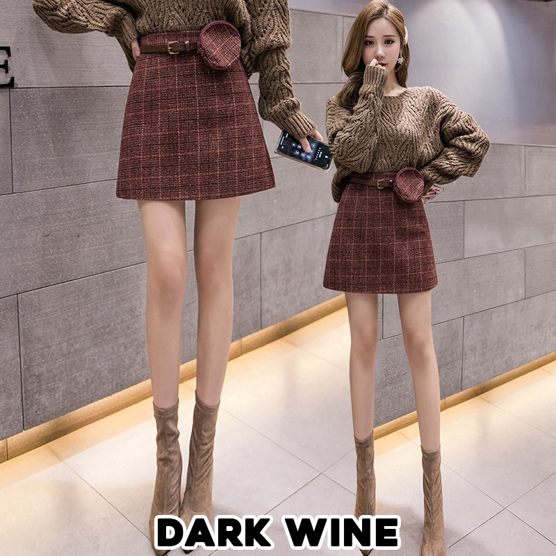 KARAKOREA 9807 Winter Skirt with Mini Pouch and Belt/Korean Mini Skirt/Rok Pendek Wanita/Rok Korea Skirt