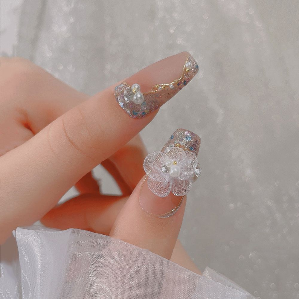 MXBEAUTY White Flower Nail Jewelry Charm DIY Nail Art Accessories 3D Nail Art Decorations Pearl Elegant Net Yarn Fairy Japanese Manicure