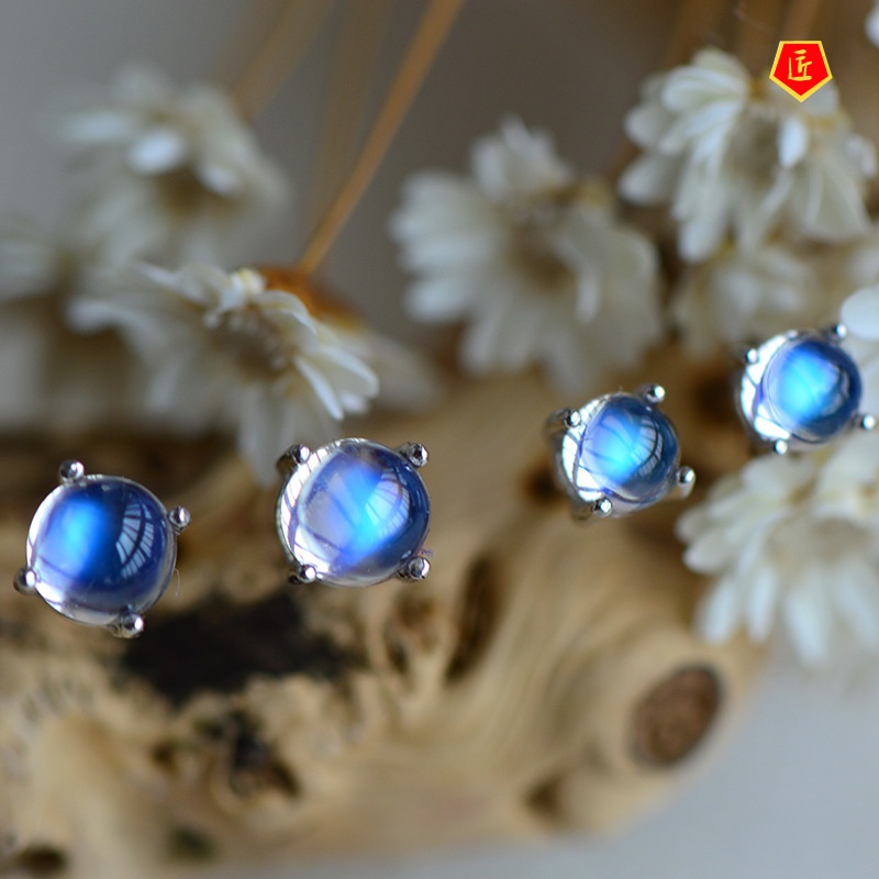 [Ready Stock]Blue Moonstone Stud Earrings S925 Silver Simple Temperament