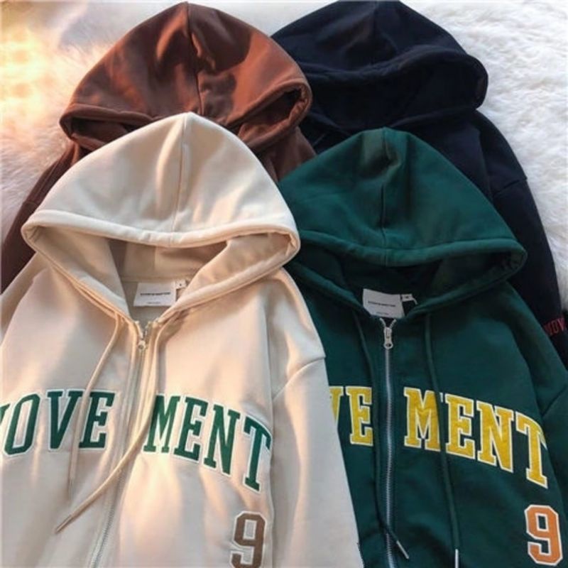 (S - XXXXXL 6XL) Zip Hoodie MOVEMENT Jacket Boy Gilrs Oversize Krem Khaki Jaket Zipper MOVE MENT BIGSIZE Hoodi Jumper Beige Resleting Jumbo Unisex Sweatshirts Fleece Harajuku Street Wear Korean Style Urban Fashion Hijau Botol Dark Green Khaki Mocca Coksu